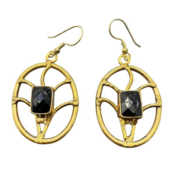 Vintage Faceted Black Wire Frame Openwork Oval Dangle Drop Earrings Gold Tone - Picture 1 of 2